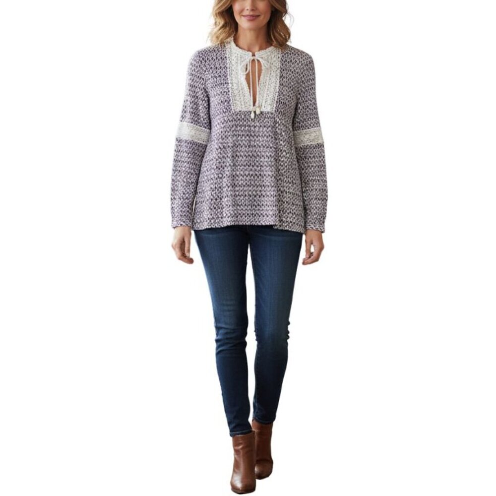 Tory Burch Purple & White Cotton Print with Lace Tunic Top Size 10